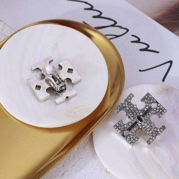 NWOT Tory Burch Silver T Logo Large  Crystal Clip-On Earrings - Picture 3 of 5